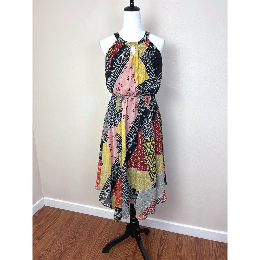 Boho Chiffon Patchwork Sleeveless Asymmetrical‎ Midi Dress Size 8 Cottage Party